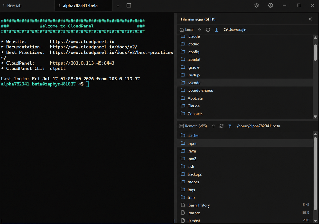 Moorix showing an SSH terminal and dual-pane SFTP file manager side by side in one window